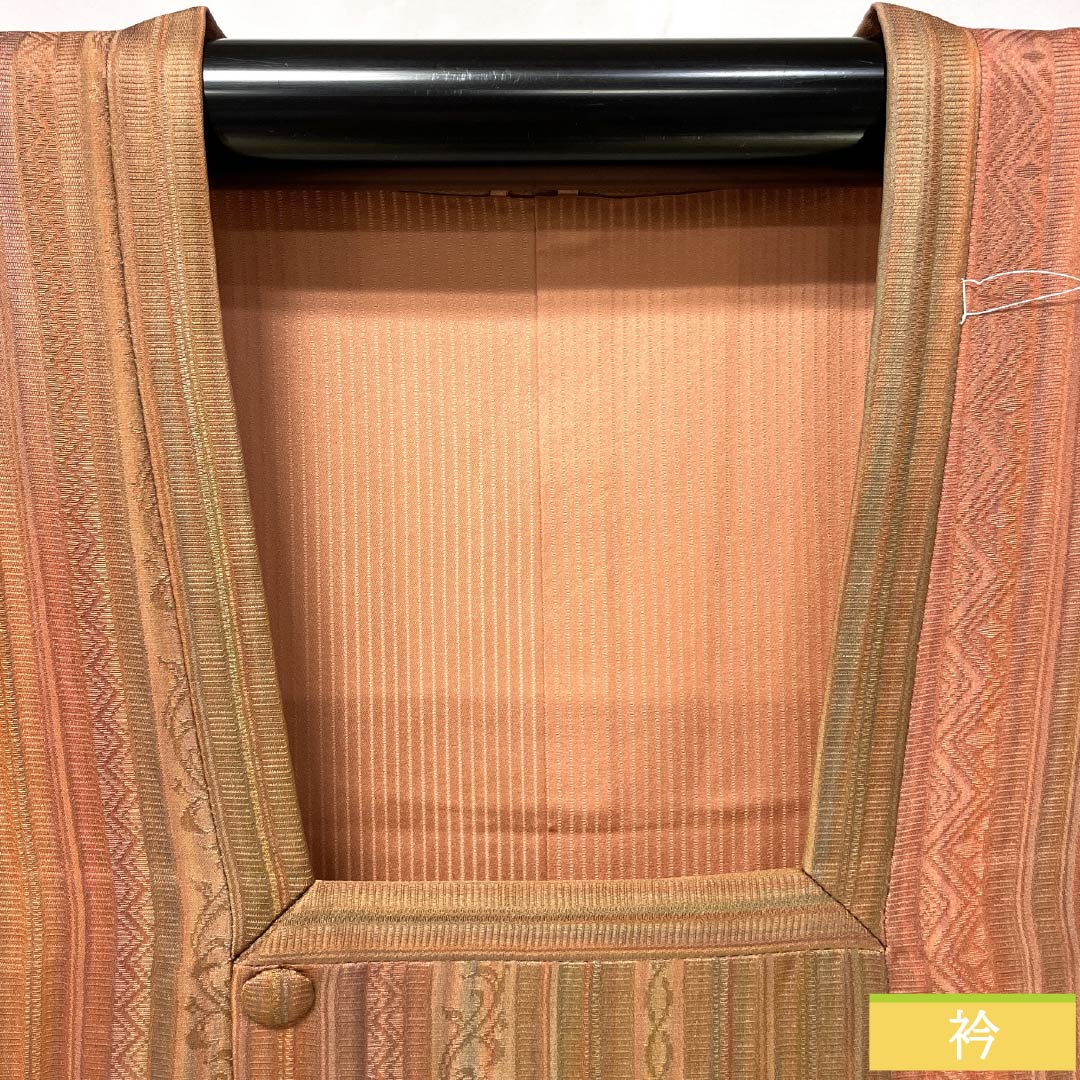 道行コート 正絹 Sランク 身丈84cm 裄丈64cm 珊瑚色(さんごいろ) 縞 岩浅公展 作家物 袷 ピンク系 1117001252913