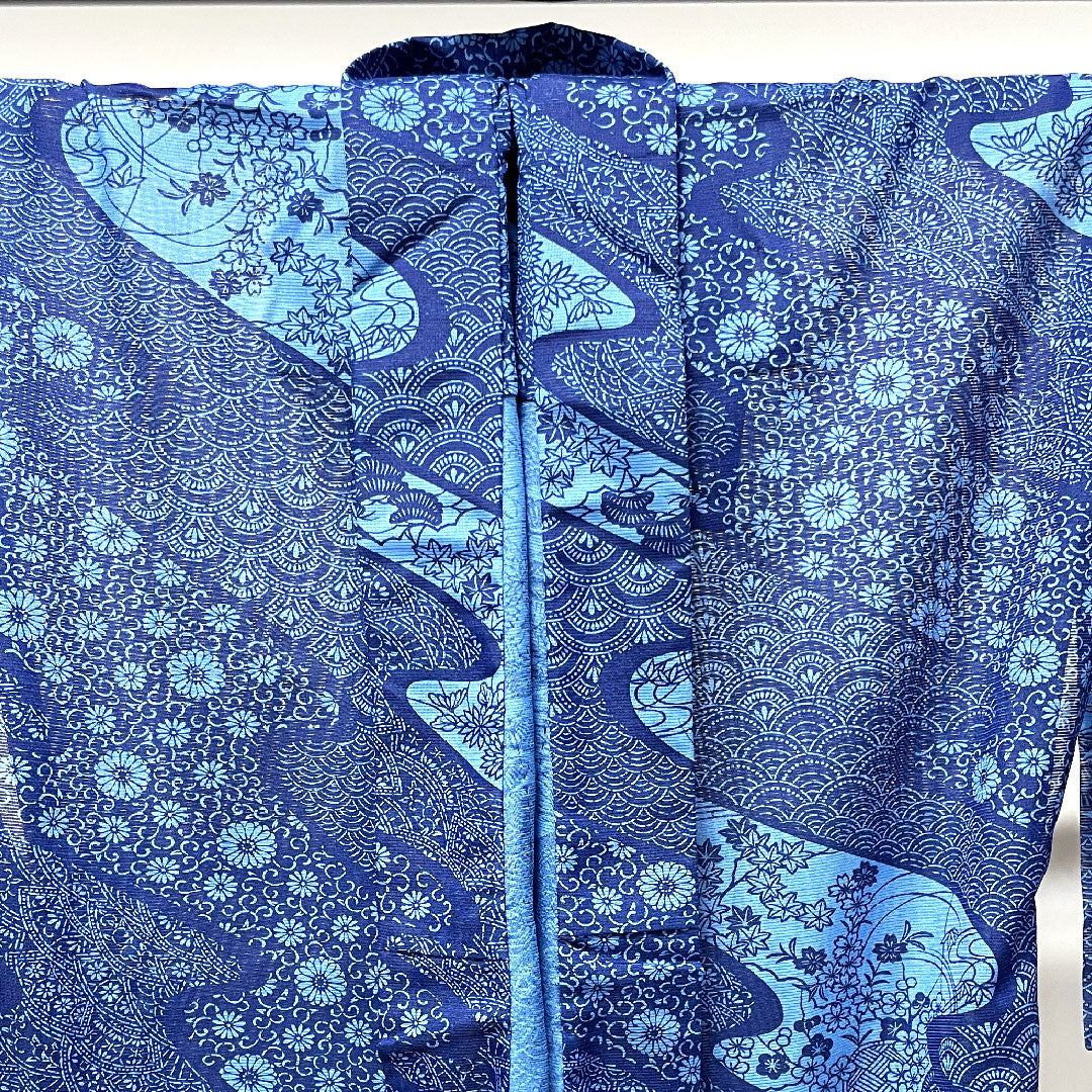 夏物 ポリエステル 小紋 身丈163cm 裄丈67cm 濃紺色(のうこんいろ) 流水 青海波 菊 絽 Aランク 紺系 1132001433418