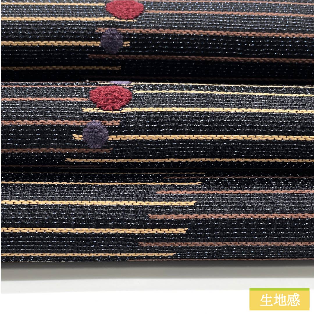 袋帯 正絹 黒色(くろいろ) 横縞 ドット 本金箔 本銀箔 帯丈438cm Sランク 六通 セミフォーマル 黒系 1123012142310