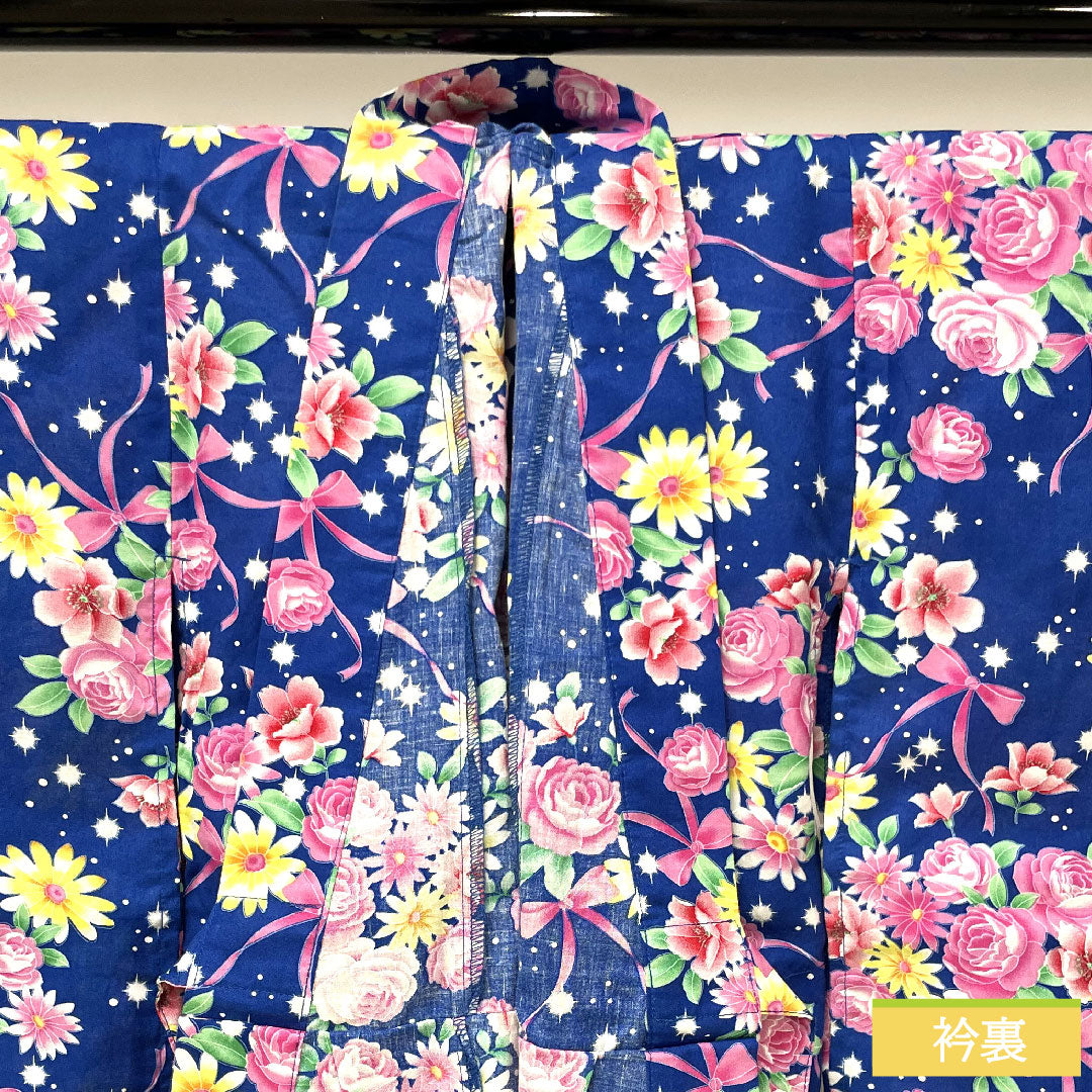 浴衣 木綿 身丈107.5cm 裄丈56.5cm Sランク 単衣 紺系 瑠璃色(るりいろ) 肩上げ有り 身上げ有り 花柄 1118005022118