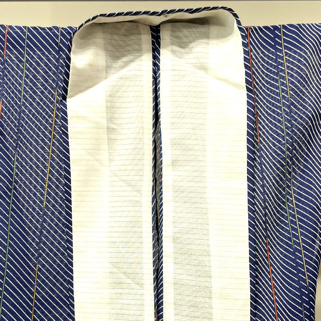 Summer kimono, polyester, small pattern, length 170.5cm, sleeve length 65cm, navy bellflower color, geometric pattern, washable kimono, with basting thread, silk, S rank, navy blue, 1132001552618