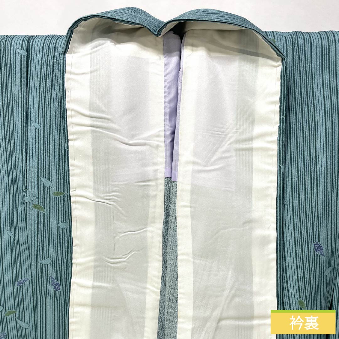 Polyester Komon A rank, length 164cm, sleeve to sleeve 63cm, unlined, Hanarokushō-iro, stencil-dyed, stripes, flower petals, with hip reinforcement, green-toned 1115007863419