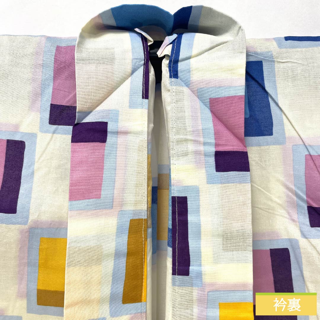 浴衣 木綿 身丈154cm 裄丈64cm Aランク 単衣 白系 ブロック柄 1118005383211