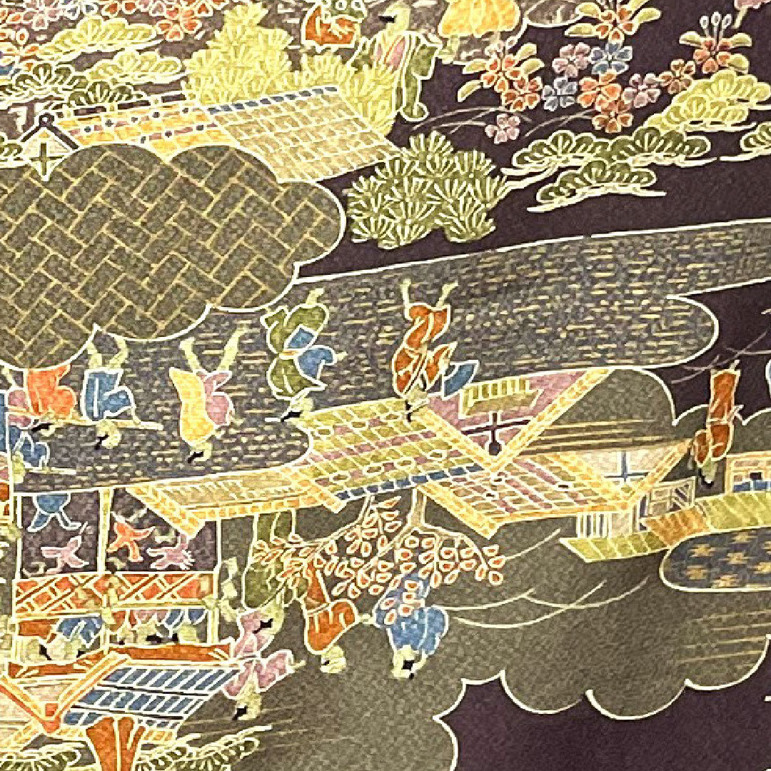 小紋 身丈153.5cm 裄丈65cm 袷 紫烏色 時代人物風景模様 正絹 Sランク 紫系 1115002322220