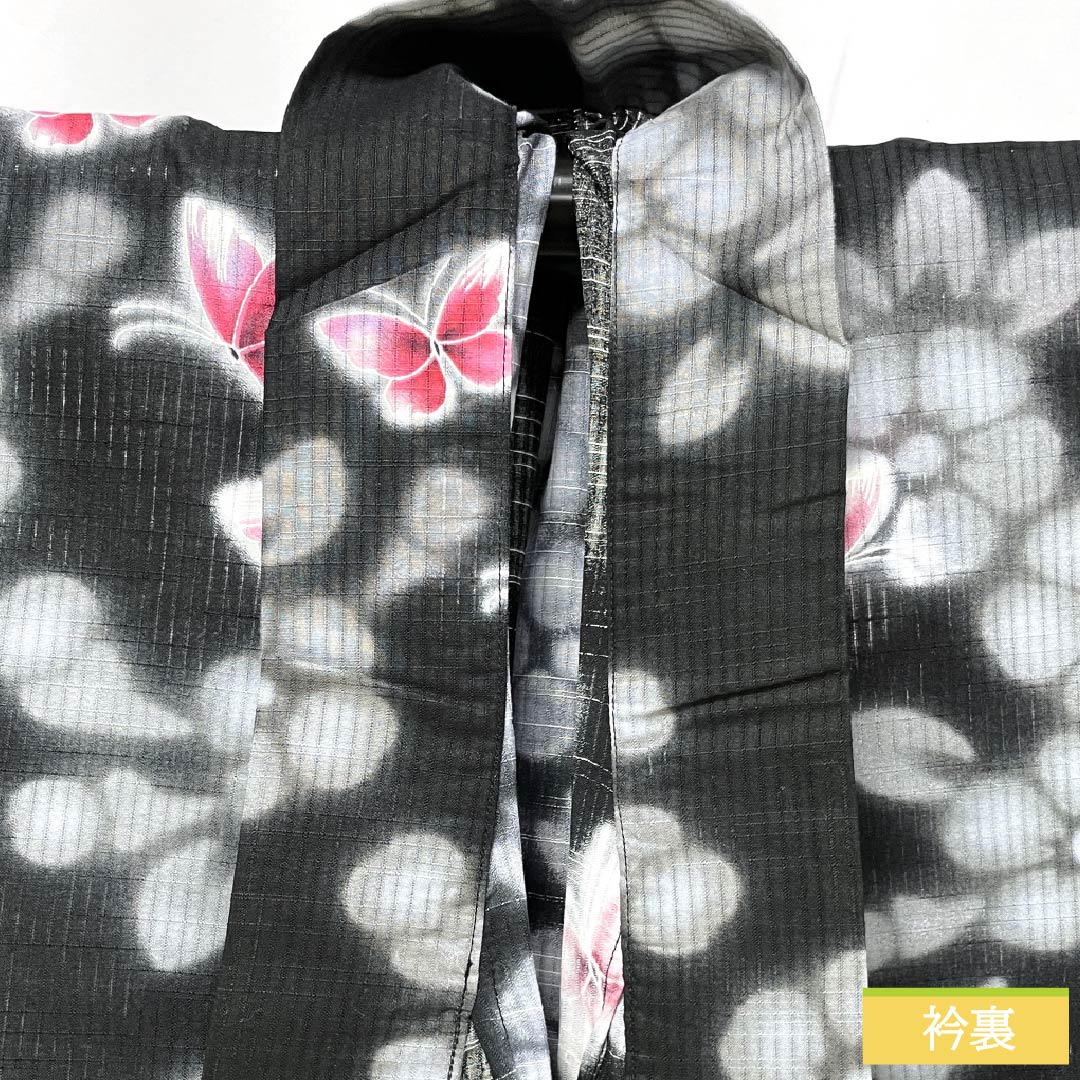 Cotton Yukata, Length 158.5cm, Sleeve Length 64.5cm, S Rank, Single Layer, Black, Butterfly and Flower Design, 1118006152310