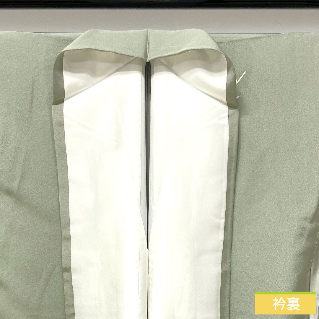 Homongi, pure silk, lined, length 168cm, sleeve length 66.5cm, leaf color on the reverse side, Kyoto Yuzen, bud pattern, with basting thread, unused, artist's work, S rank, green, 1112004152519
