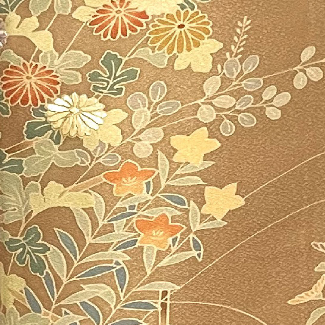 訪問着 袷 身丈159cm 裄丈64cm 柴染色 草花模様 正絹 Sランク 茶系 1112001582314