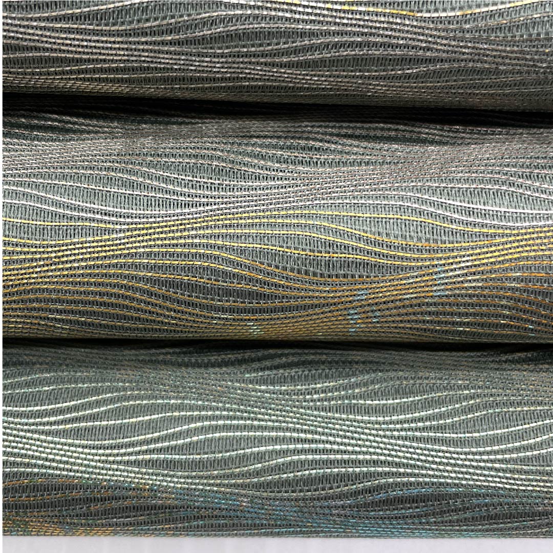 袋帯 湊煤竹色(みなとすすたけいろ) 夏帯 横段 抽象模様 帯丈428cm 正絹 Sランク 六通 セミフォーマル 緑系 1123007262319