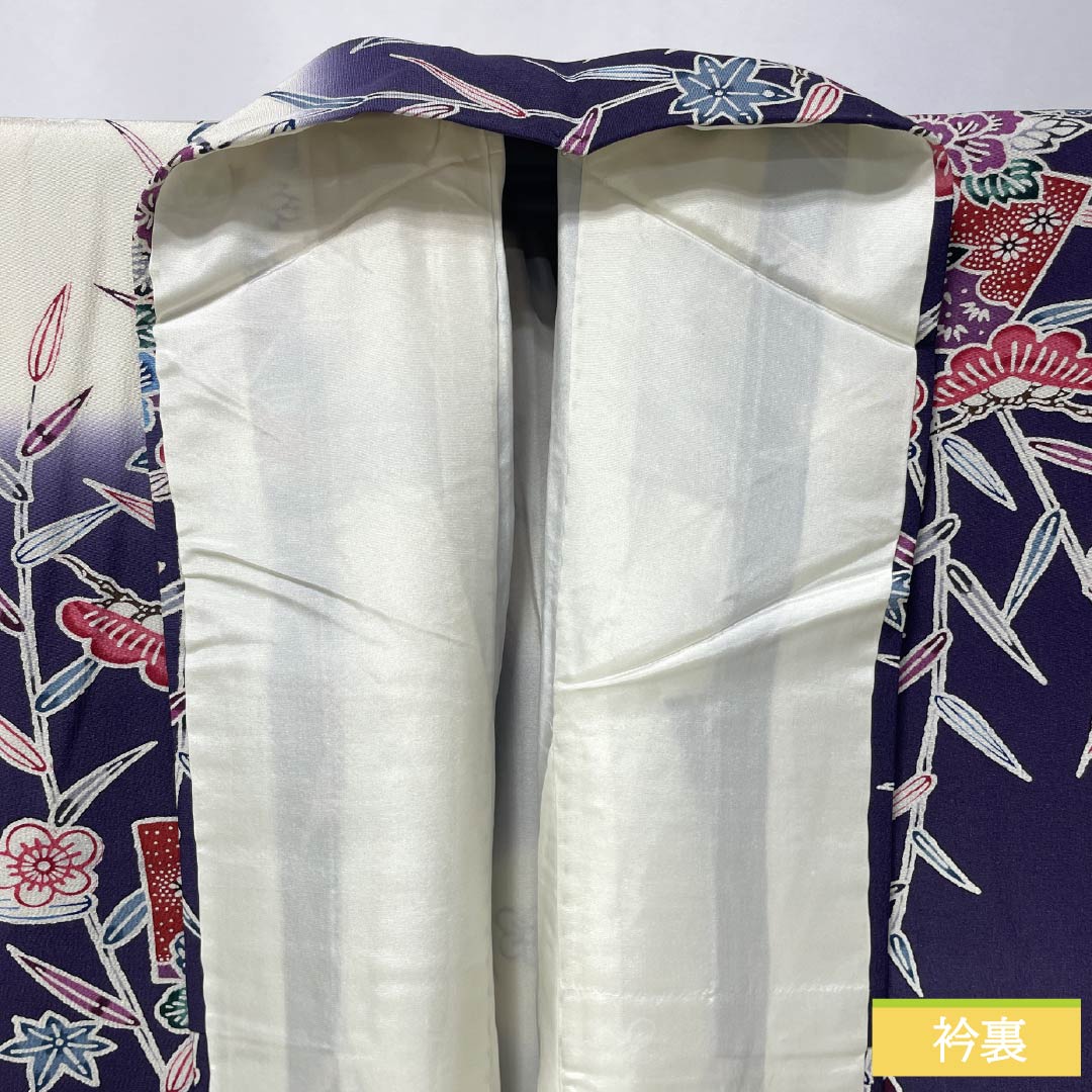 訪問着 正絹 Aランク 袷 身丈155.5cm 裄丈62cm 深紫色(ふかきむらさきいろ) 京紅型 松竹梅 蝶 扇面 菊 紫系 1112006403320