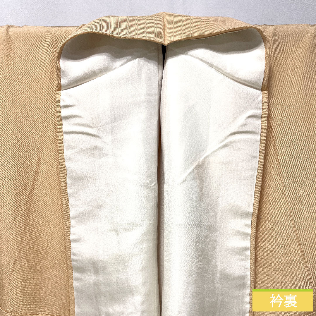 訪問着 正絹 袷 身丈161.5cm 裄丈66.5cm 肌色(はだいろ) 相良刺繡 扇子 鶴 一つ紋 上り藤に大の字 Aランク 橙系 1112005563426