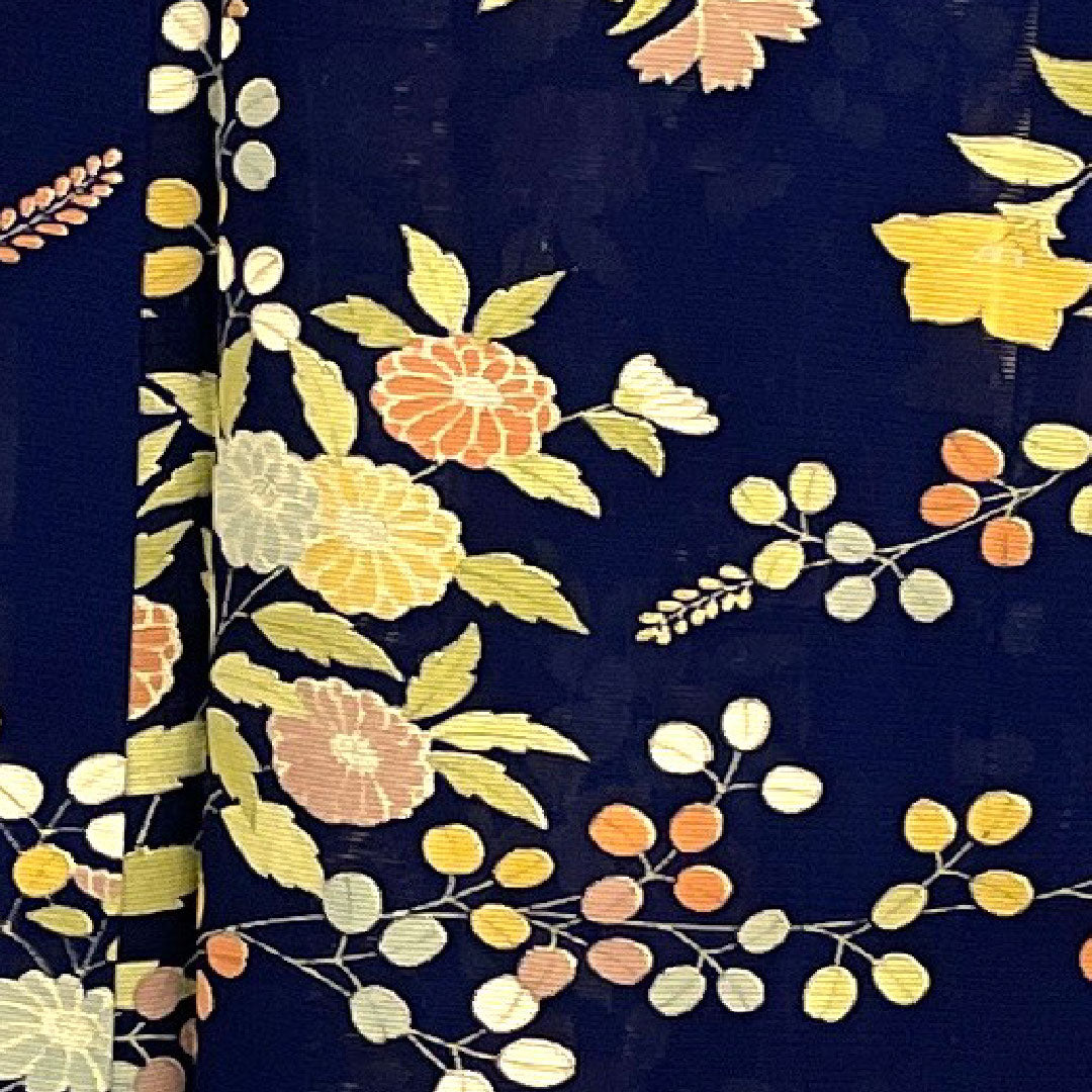 小紋 身丈159cm 裄丈62cm 絽 駒絽 花模様 正絹 Aランク 紺系 1115000743318