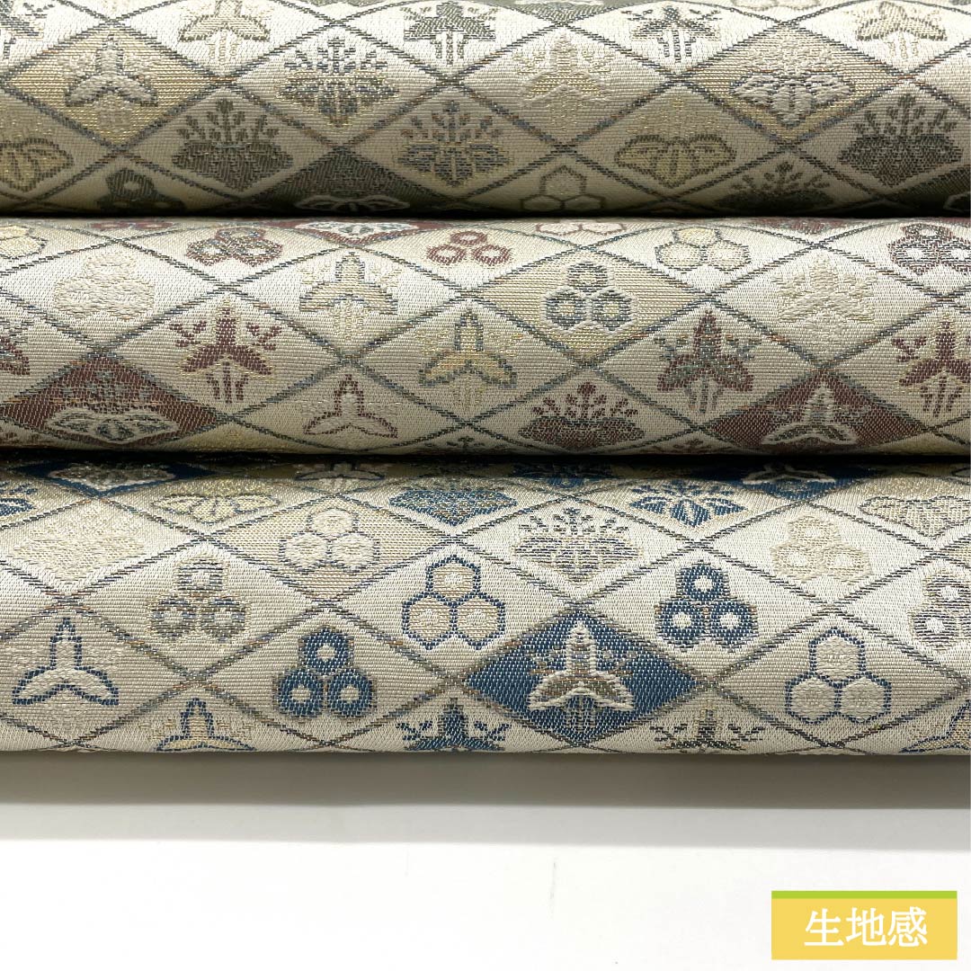 京袋帯 正絹 象牙色(ぞうげいろ) 西陣織 紋尽くし 菱 帯丈396cm Aランク 六通 セミフォーマル クリーム系 1123012703315