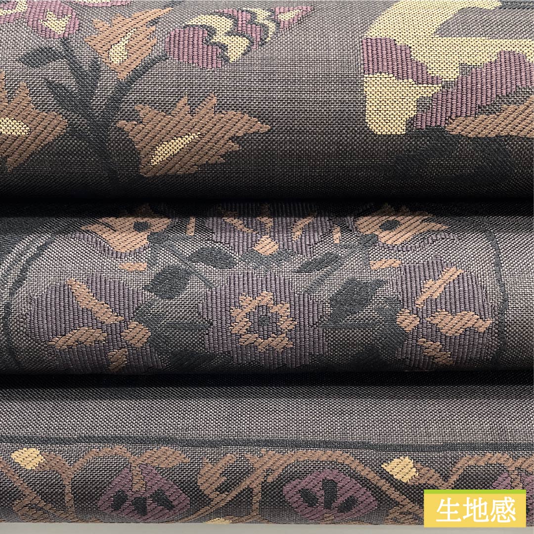 袋帯 土黒色(つちぐろいろ) 鳥 唐花 横段 帯丈428cm 正絹 Aランク 六通 カジュアル 茶系 1123010413314