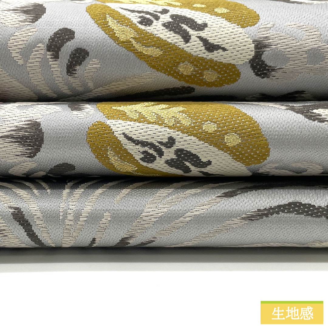 袋帯 正絹 水銀色(すいぎんいろ) 抽象花 帯丈434cm Sランク 六通 カジュアル グレー系 1123013012322