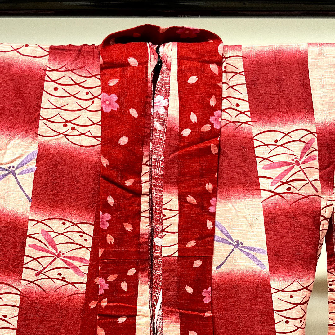 浴衣 茜色 トンボ 桜 市松 露芝 木綿 Sランク 単衣 身丈162cm 裄丈64.5cm 赤系 1118003992412