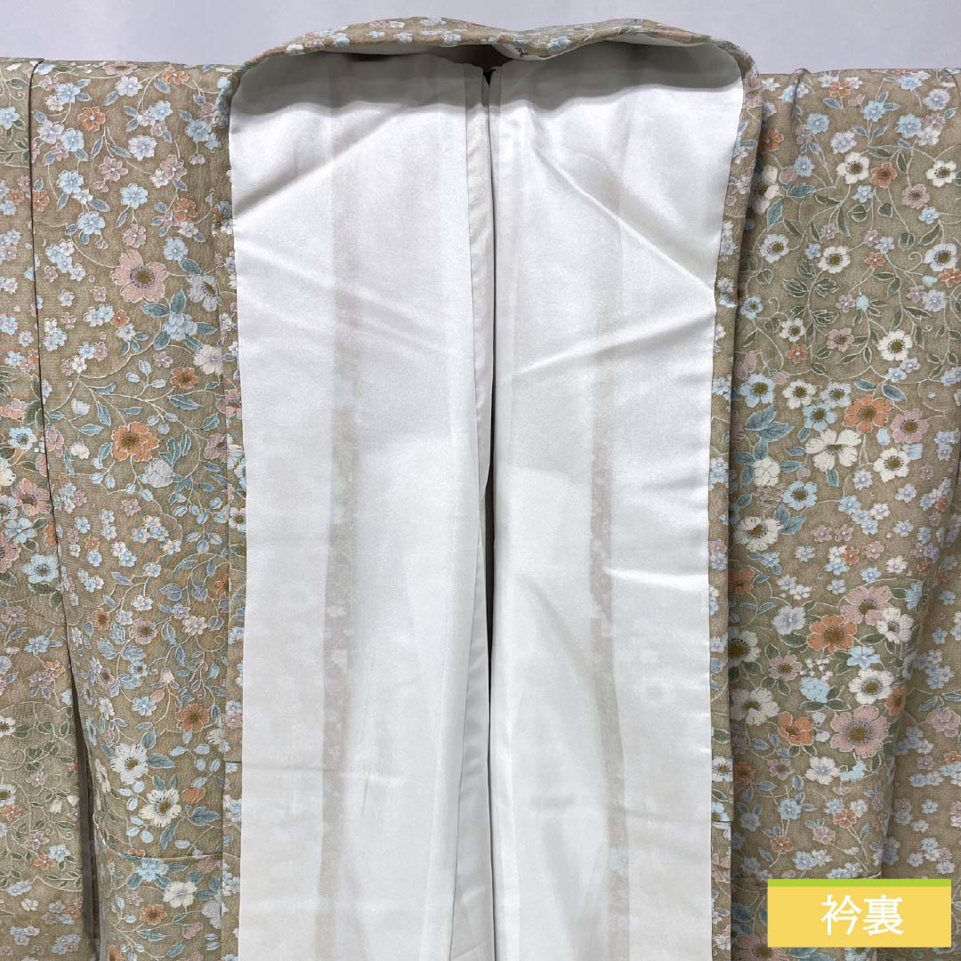 Komon (small pattern) polyester kimono, S rank, length 154cm, sleeve length 63cm, lined, Kouiro (scented color) stencil dyed floral pattern, washable, beige, 1115006532225