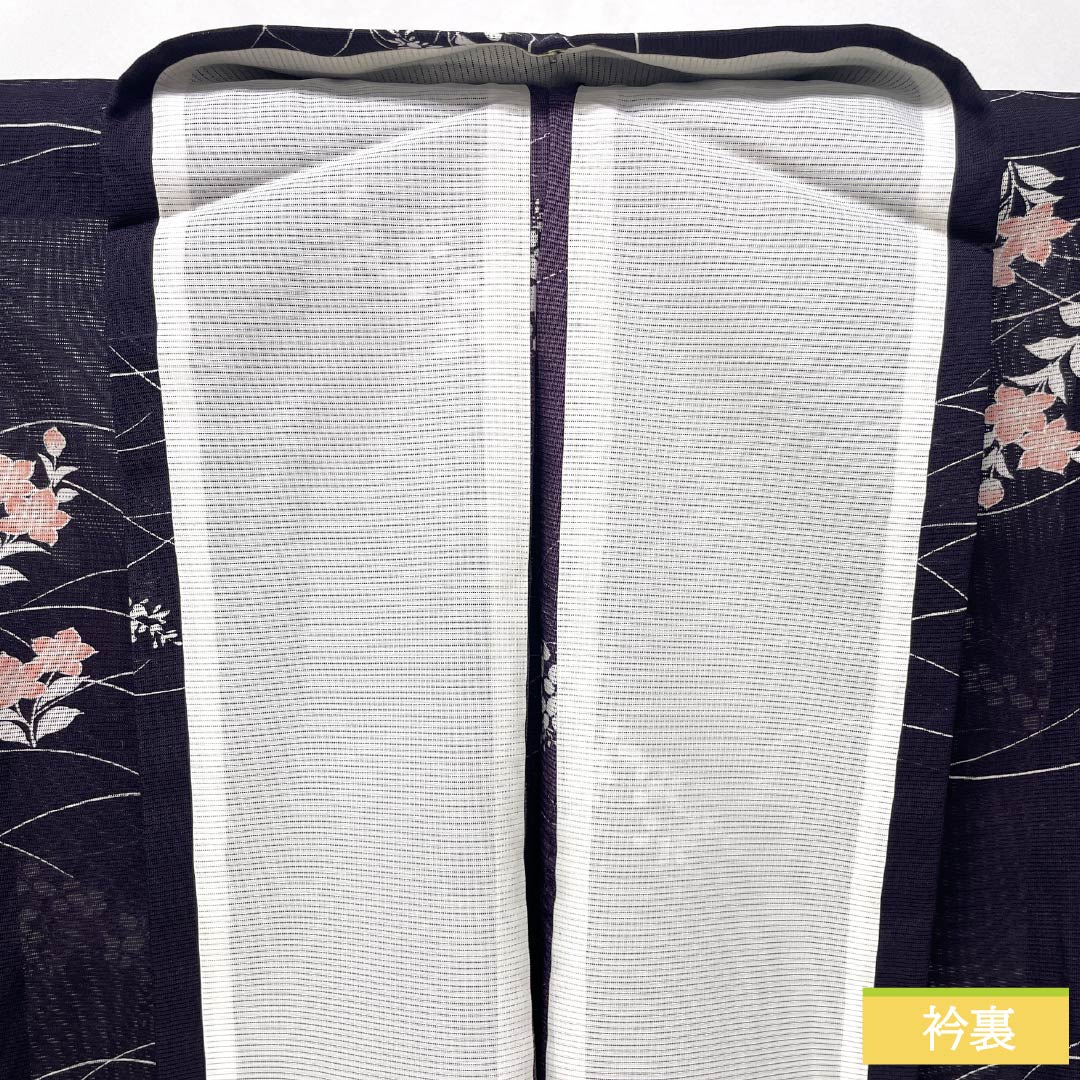 夏物 ポリエステル 小紋 身丈158cm 裄丈63cm 紫烏色(しうしょく) 露芝 草花 洗える着物 絽 Bランク 紫系 1132002044320