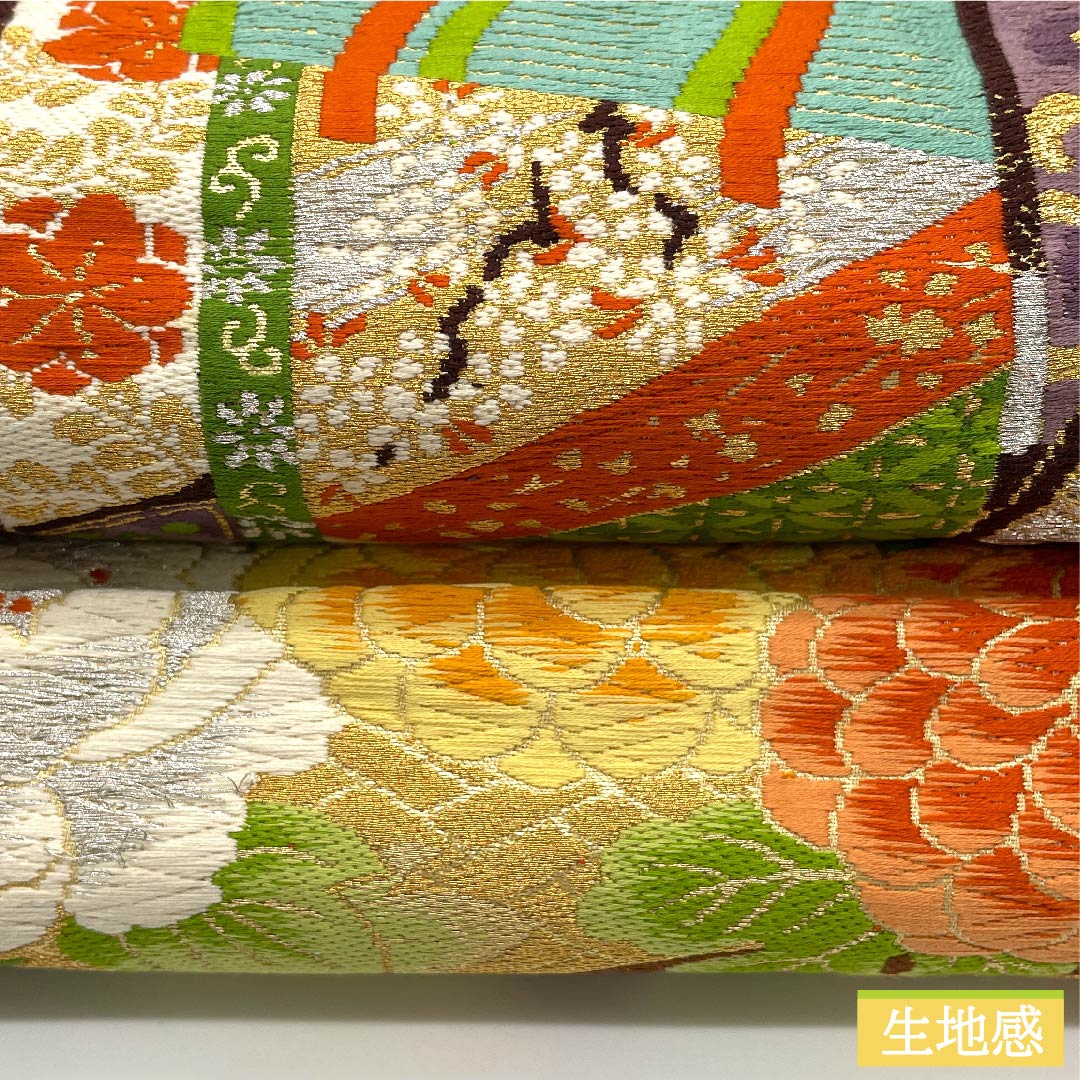 袋帯 薄卵色(うすたまごいろ) 御所車 牡丹 菊 紅葉 帯丈404cm 正絹 Sランク 六通 フォーマル クリーム系 1123010122315