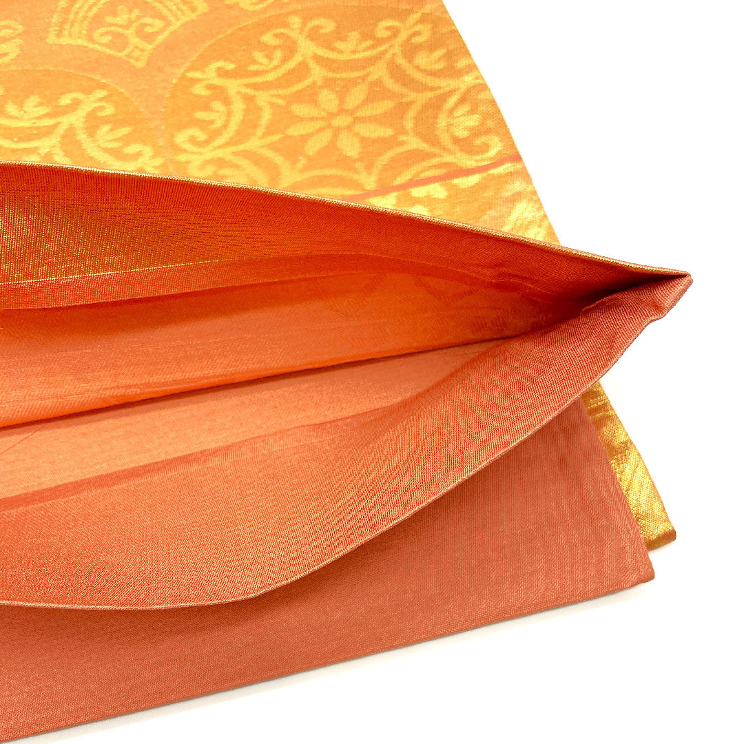 (未仕立)袋帯 古典柄 木原織物 帯丈428cm 正絹 Sランク 六通 セミフォーマル 朱系 1123002592316