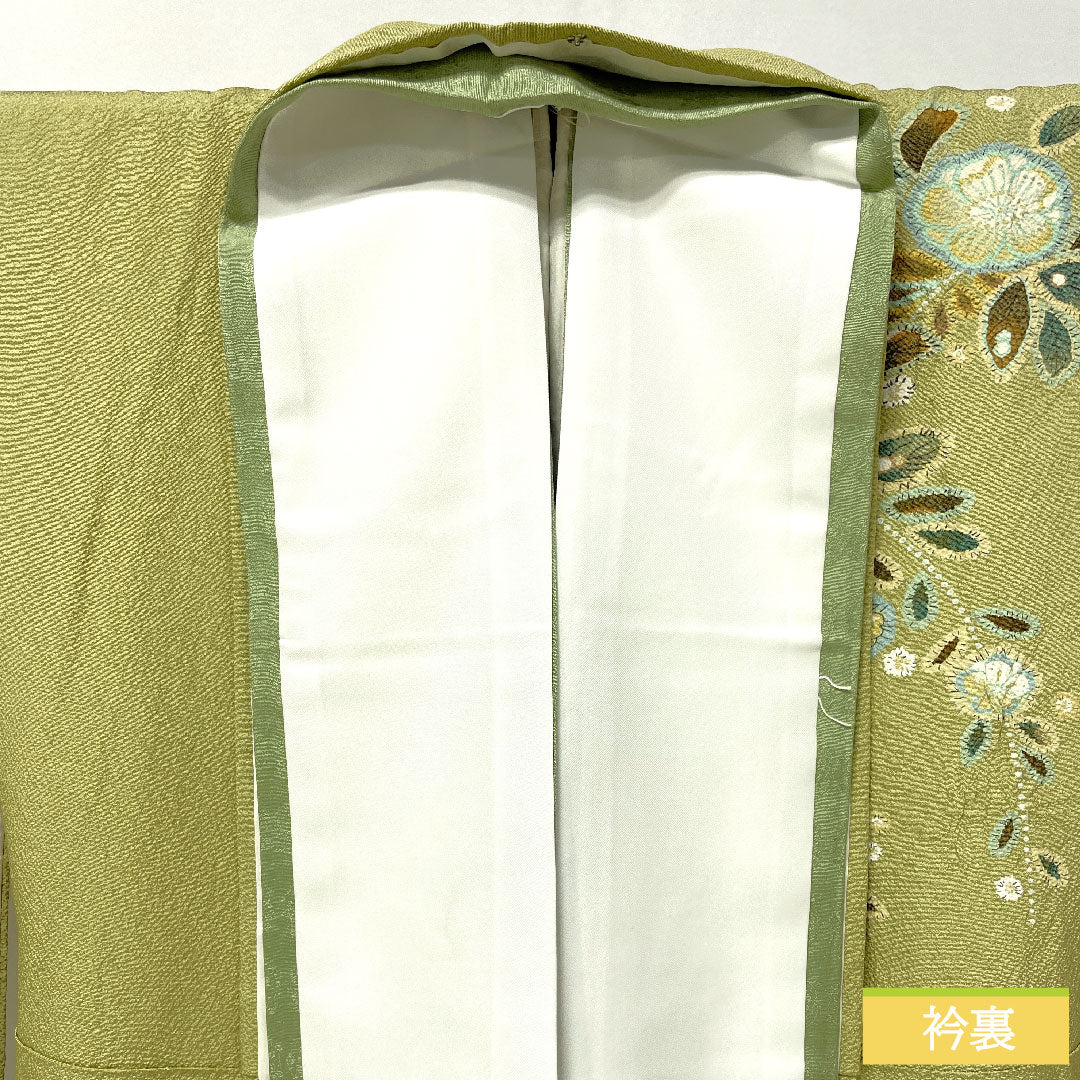 訪問着 正絹 袷 身丈162cm 裄丈62.5cm 薄柳色(うすやなぎいろ) 辻ヶ花 ちりめん地 重ね衿付き しつけ糸付き Sランク 緑系 1112005202419