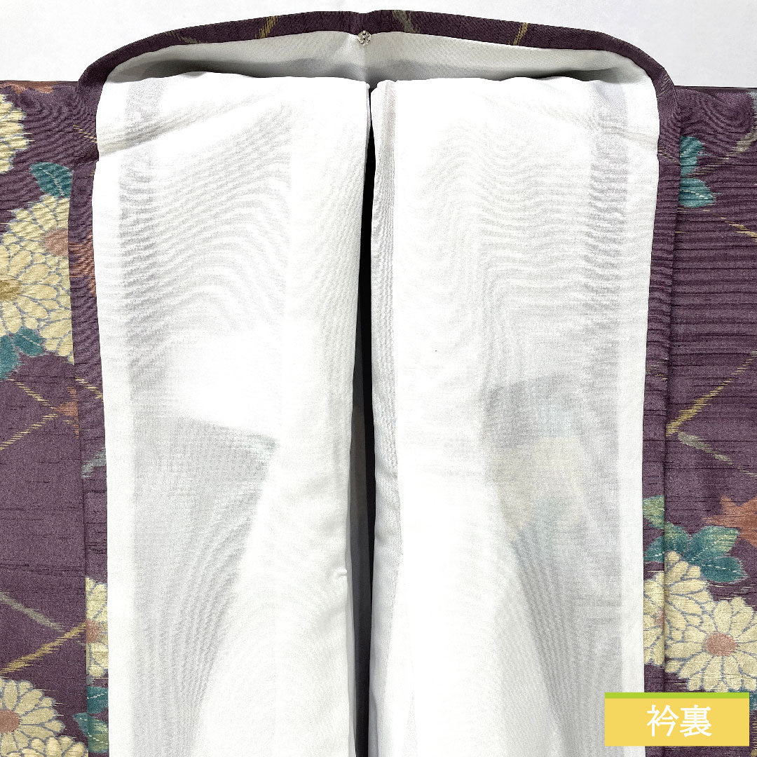 小紋 ポリエステル 身丈167.5cm 裄丈67cm 袷 滅紫色(けしむらさきいろ) 洗える着物 菊 Sランク 紫系 1115004592520