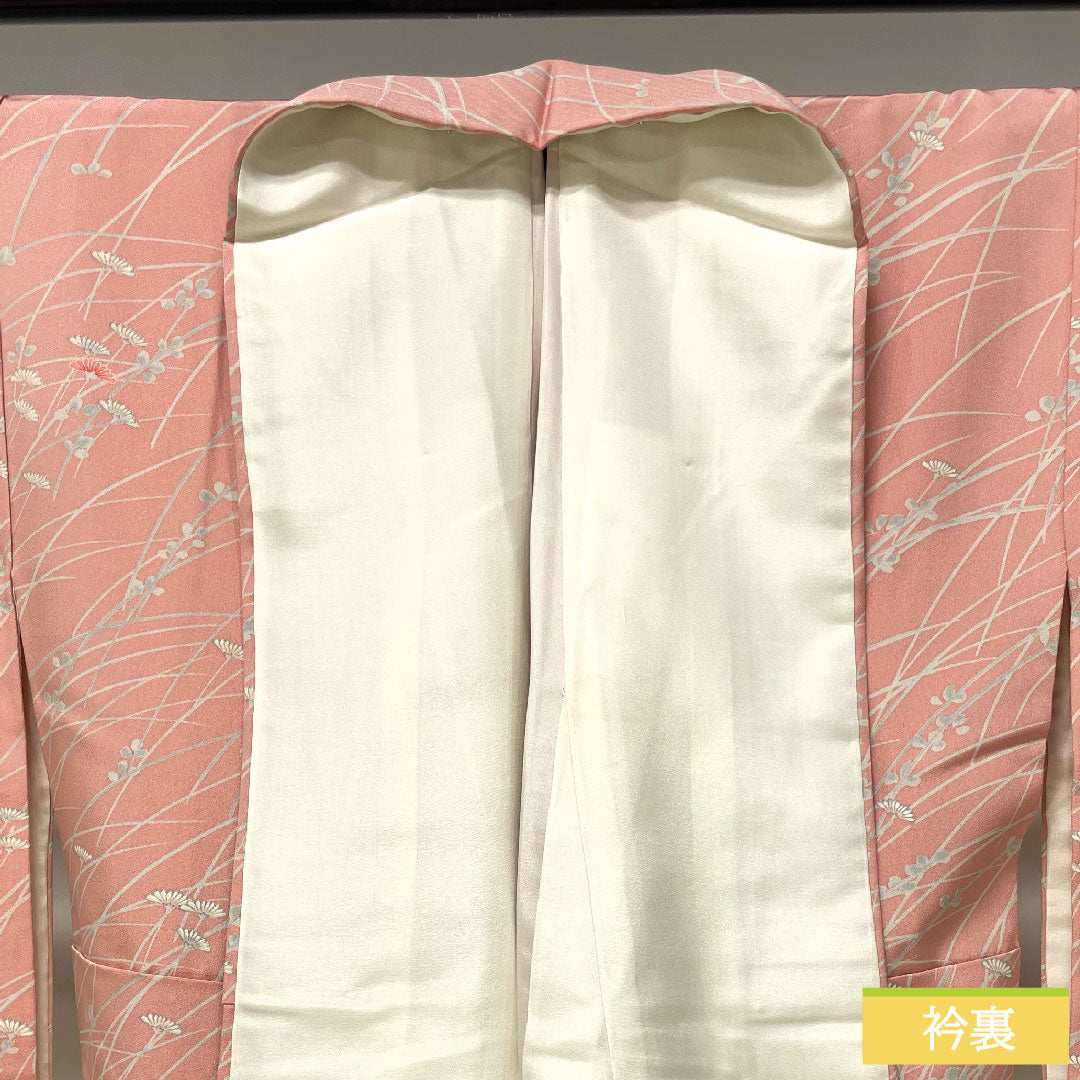 訪問着 正絹 袷 身丈159cm 裄丈64cm 一重梅色 草花模様 Aランク ピンク系 1112004133313