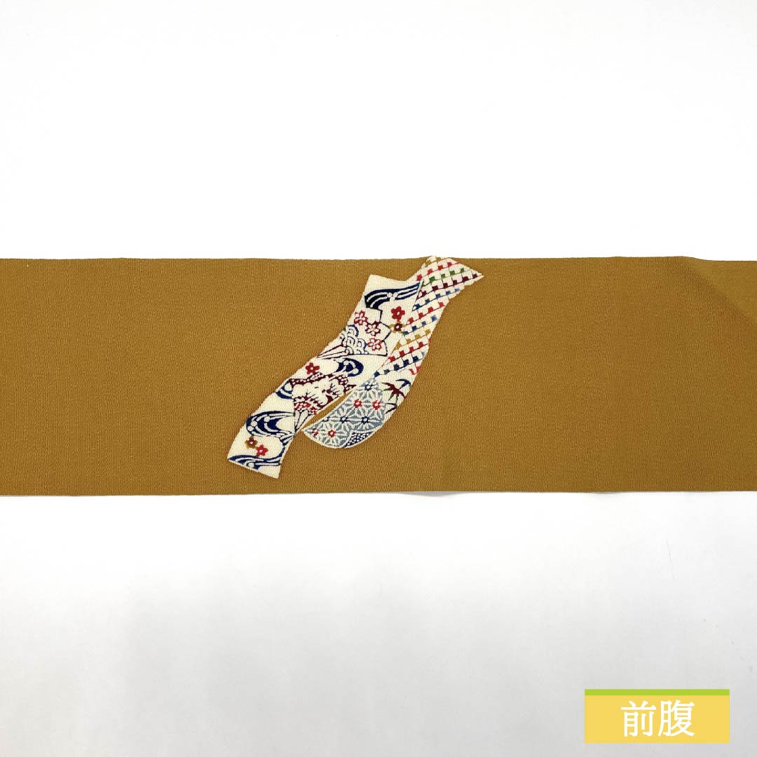 名古屋帯 土布色(トウプースーいろ) 京紅型 ちりめん地 熨斗 帯丈369cm 正絹 Sランク ポイント柄 カジュアル 黄系 1124007972323 名古屋仕立て