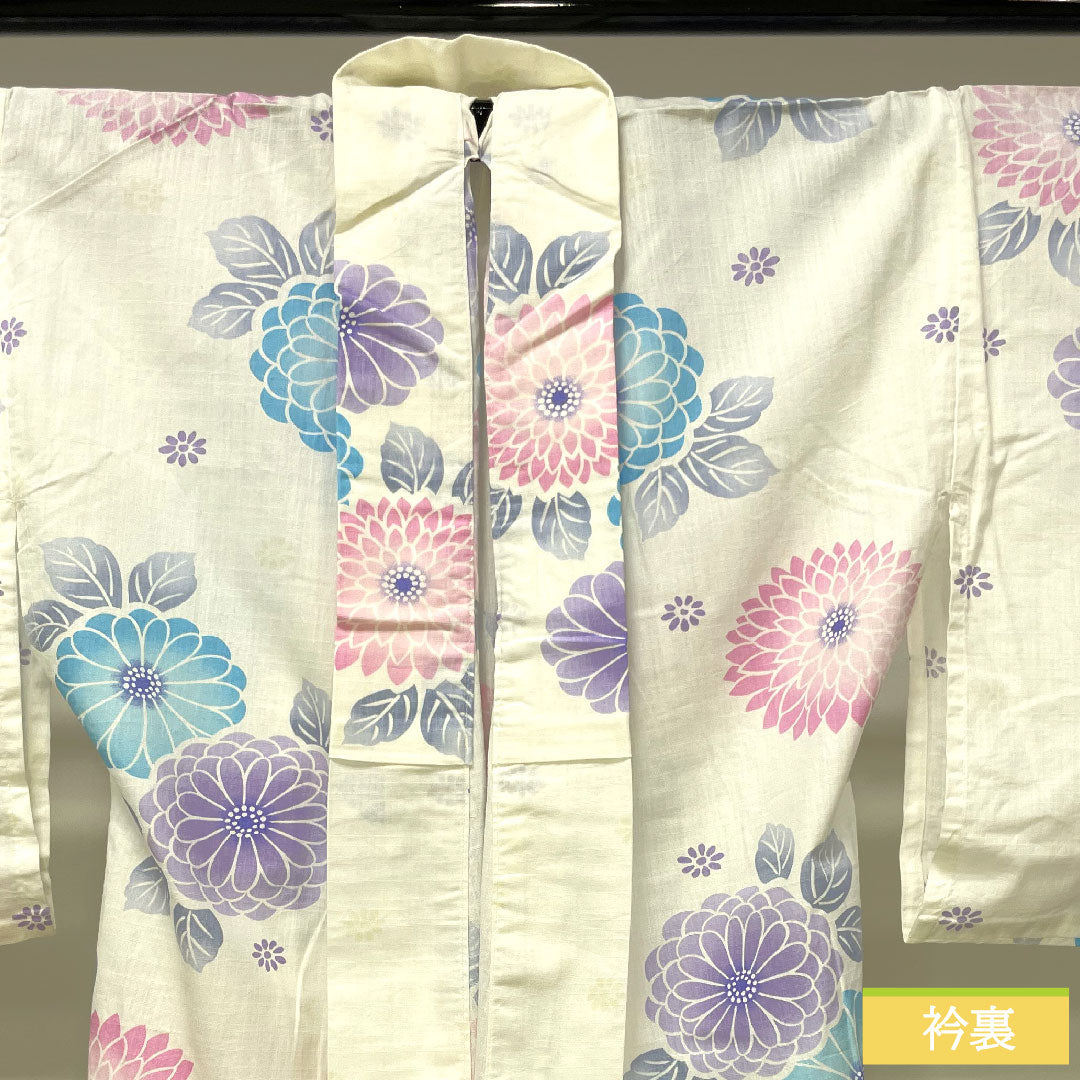 Yukata Cotton Length 163cm Sleeve length 66.5cm S rank Single layer White Chrysanthemum 1118005042411
