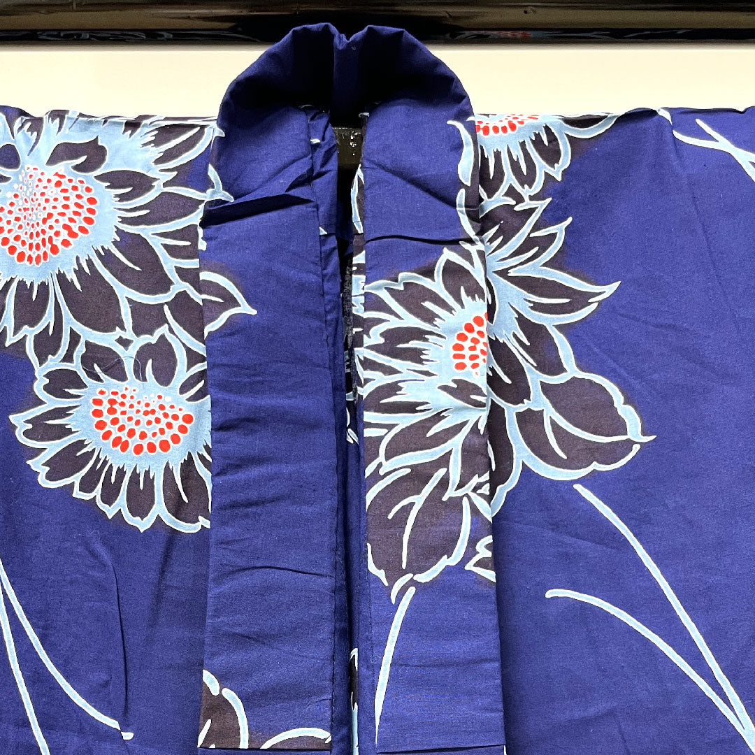 浴衣 しつけ糸付き 未使用品 濃紺色 向日葵 木綿 Sランク 単衣 身丈165cm 裄丈64.5cm 紺系 1118002752518