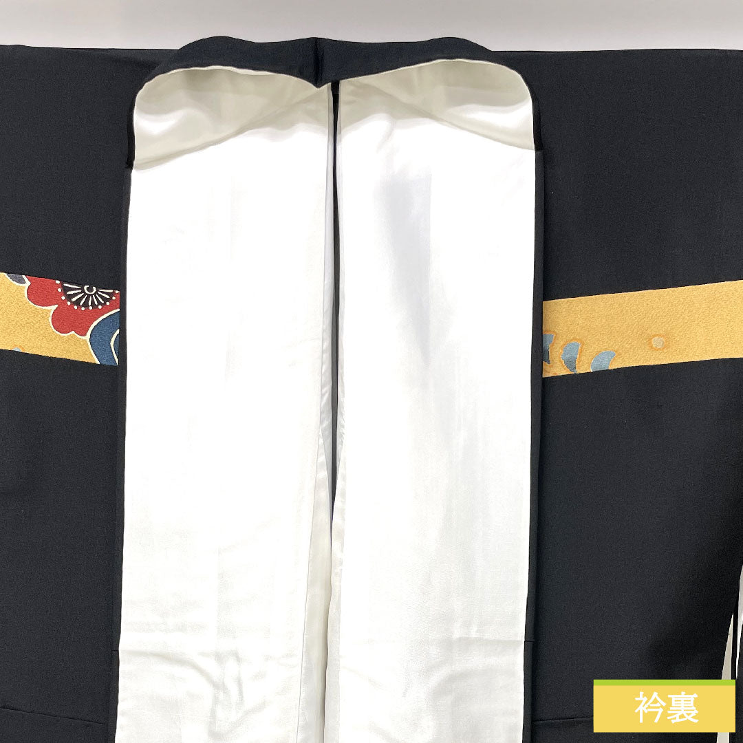 Homongi, pure silk, lined, length 169.5cm, sleeve length 69cm, inlay, Kyoto Bingata, one crest, S rank, black, 1112004192510