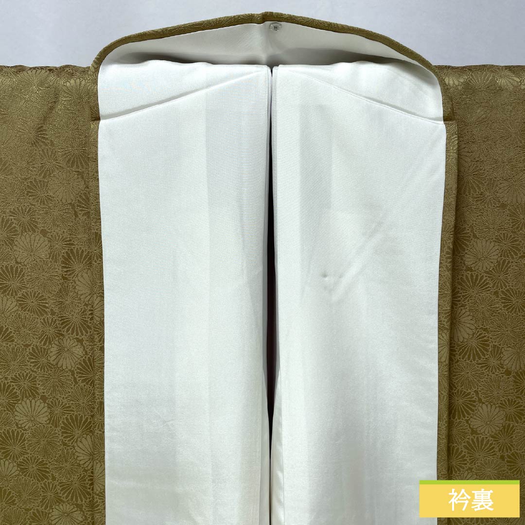 Solid-colored silk kimono, S rank, length 154cm, sleeve length 64cm, hibiscus-brown (hiwachairo) color, single crest (kikyo) with sewn crest, lined, green, 1114002432219