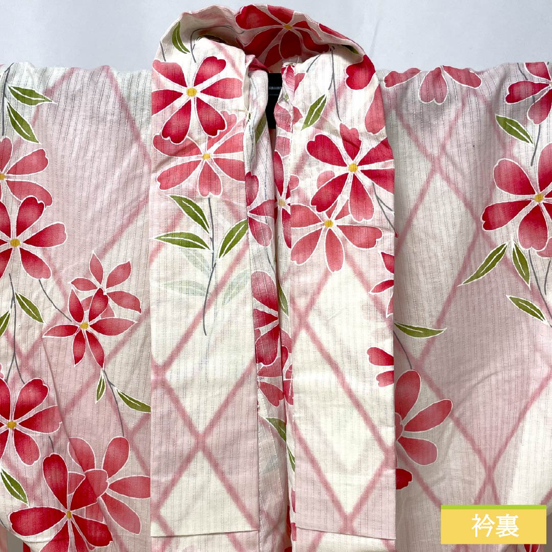 Cotton Yukata, Length 168.5cm, Sleeve Length 66cm, S Rank, Single Layer, Pink, Faded Red (Arasomeiro), Kagome Flower Pattern, 1118006322513