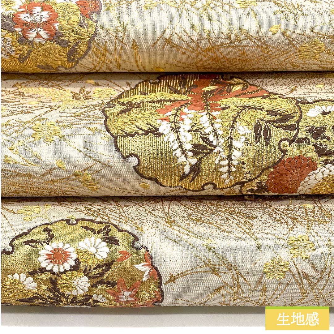 袋帯 正絹 胡粉色(ごふんいろ) 箔霜華 雪輪に花 加納幸 帯丈446cm Sランク 六通 フォーマル クリーム系 1123011462315