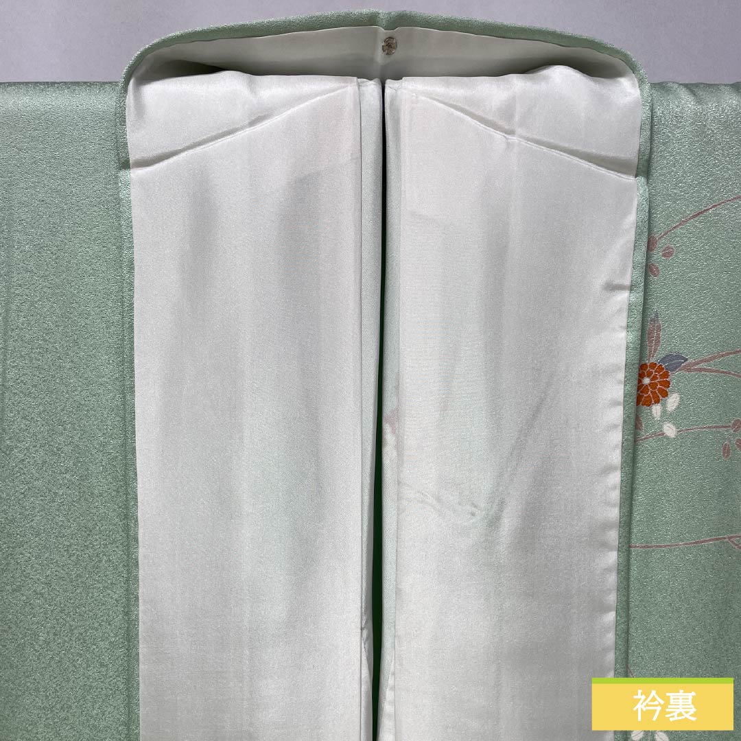 訪問着 正絹 Sランク 袷 身丈166.5cm 裄丈62cm 薄緑色(うすみどりいろ) 京友禅 草花 しつけ糸付き 緑系 1112007602519