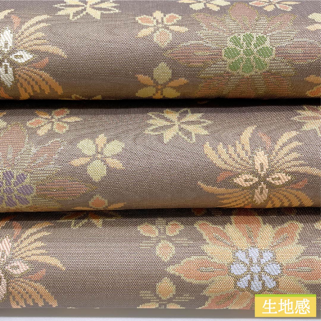 Fukuro Obi (plum gray) by Kanae Kobo, with chrysanthemum and cloisonne patterns, abstract floral patterns, obi length 443cm, pure silk, S rank, six-pass, casual, brown, 1123009572314