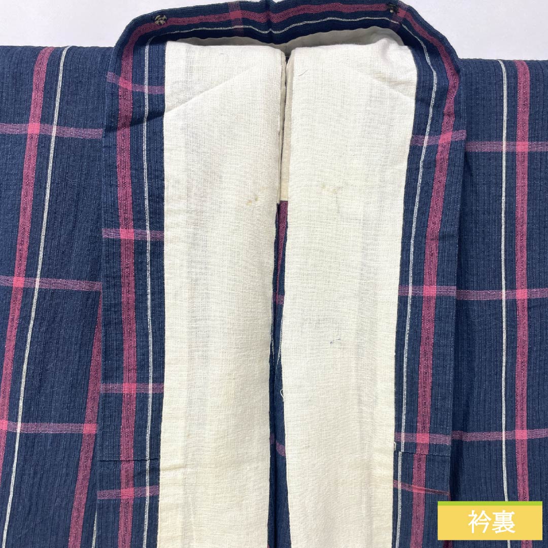 浴衣 木綿 身丈154cm 裄丈65cm Bランク 単衣 紺系 印度藍色(いんどあいいろ) しじら織 格子 1118005624218