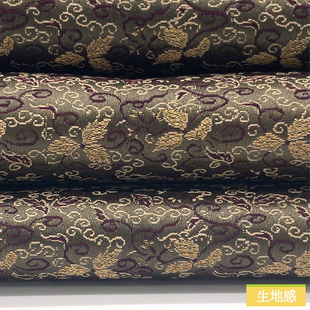 袋帯 正絹 媚茶色(こびちゃいろ) 丸帯 花唐草 帯丈404cm Sランク 全通 カジュアル 緑系 1123012442319