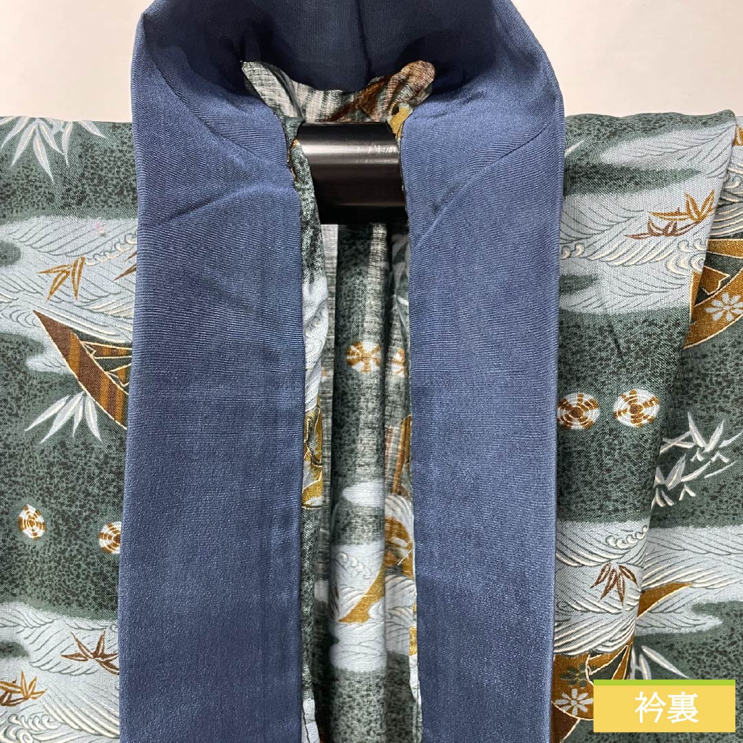 Men's wool nagajuban (long under-kimono), S-rank, length 140cm, sleeve length 67cm, iron-colored, with a bamboo grass and wave design, one-wheeled cart design, green, 1140000722419