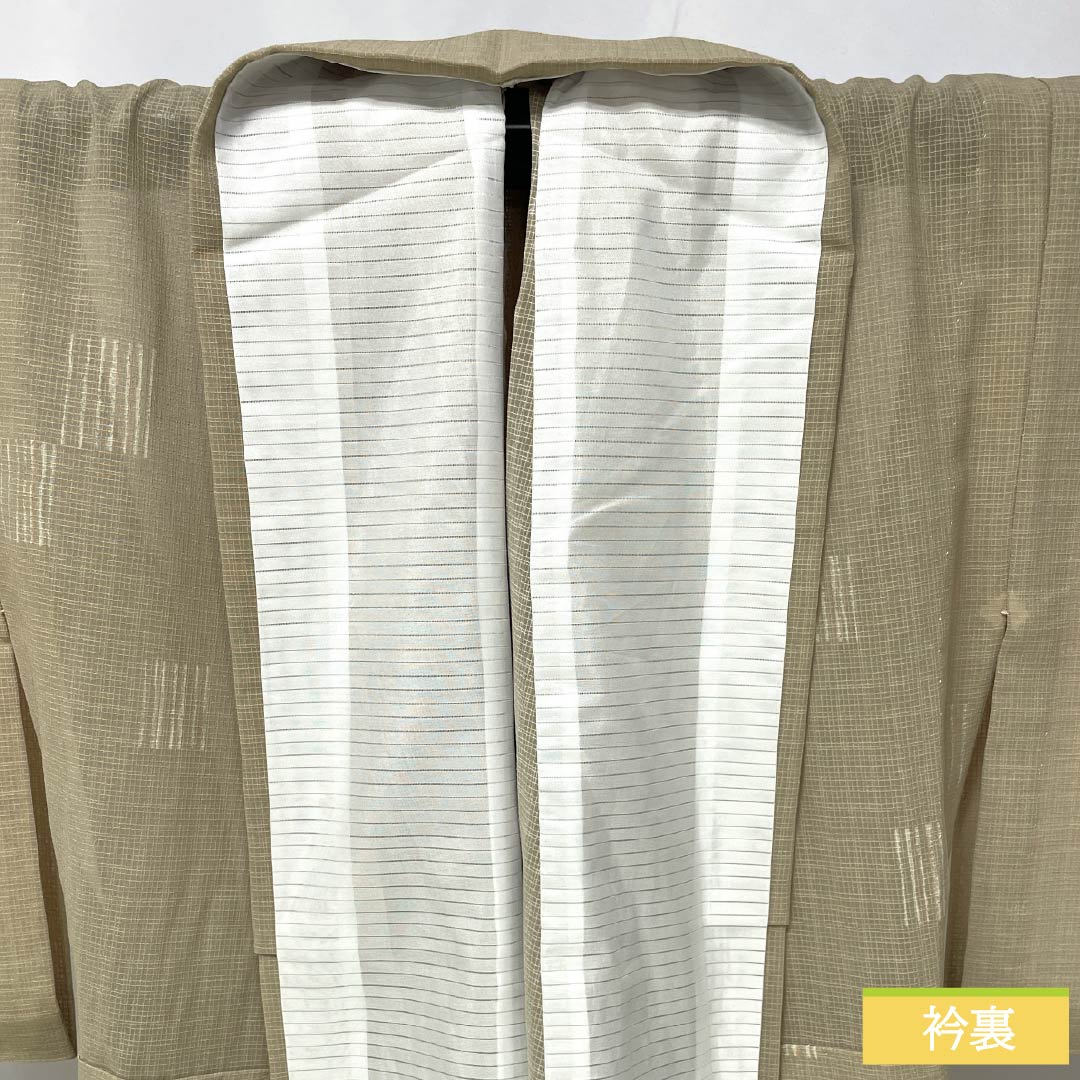 夏物 ポリエステル 小紋 身丈152.5cm 裄丈64cm 亜麻色(あまいろ) 幾何学模様 洗える着物 紗 Sランク ベージュ系 1132002672225