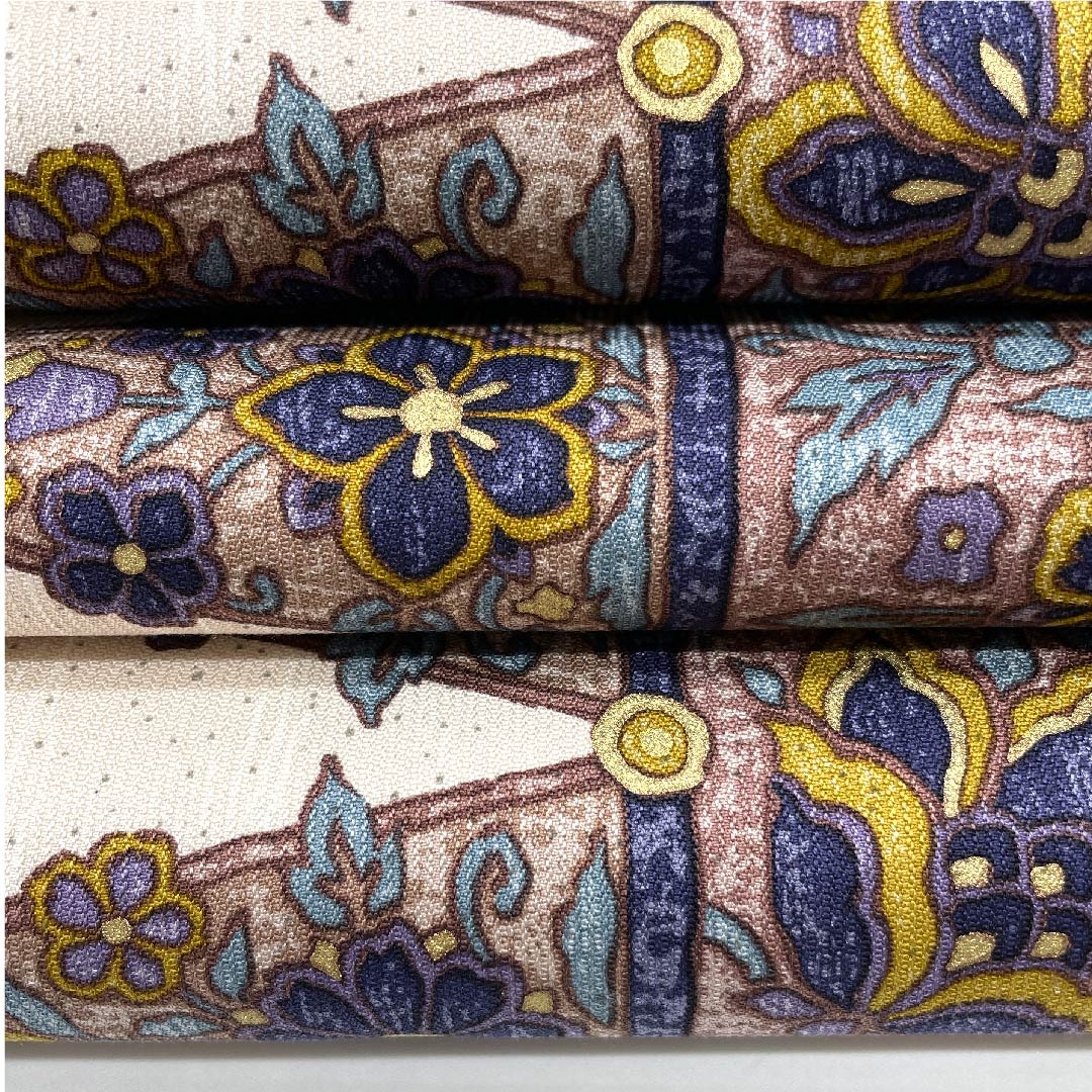 袋帯 翁茶色(おきなちゃいろ) 花更紗 幾何学模様 帯丈457cm 正絹 Aランク 六通 カジュアル ピンク系 1123007183413