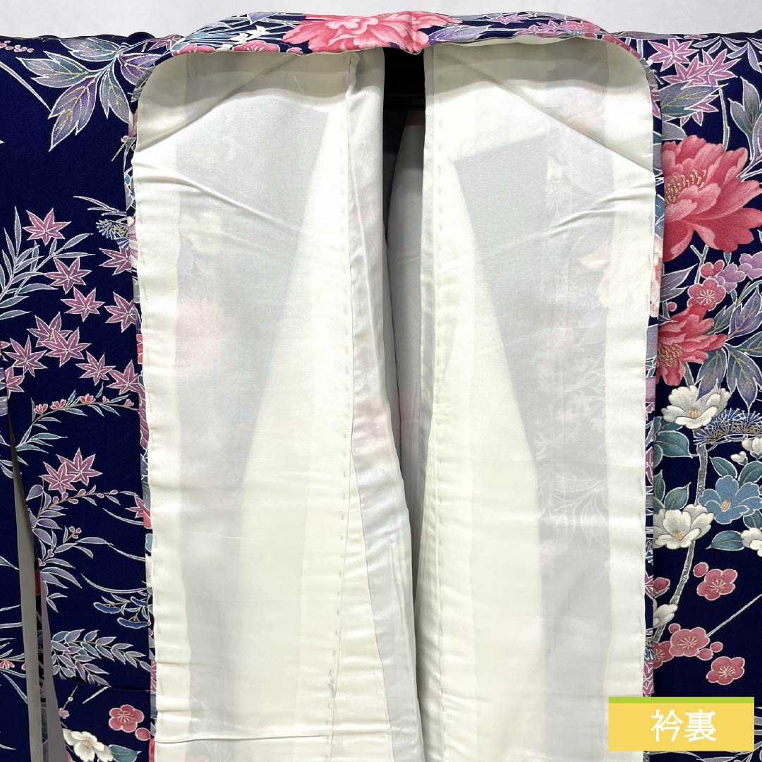 Pure silk furisode (long-sleeved kimono) - Grade A, length 159cm, sleeve length 63cm, lined, in navy blue with bellflower and plum blossom motifs in Kyoto Yuzen. Product code: 1113002623318