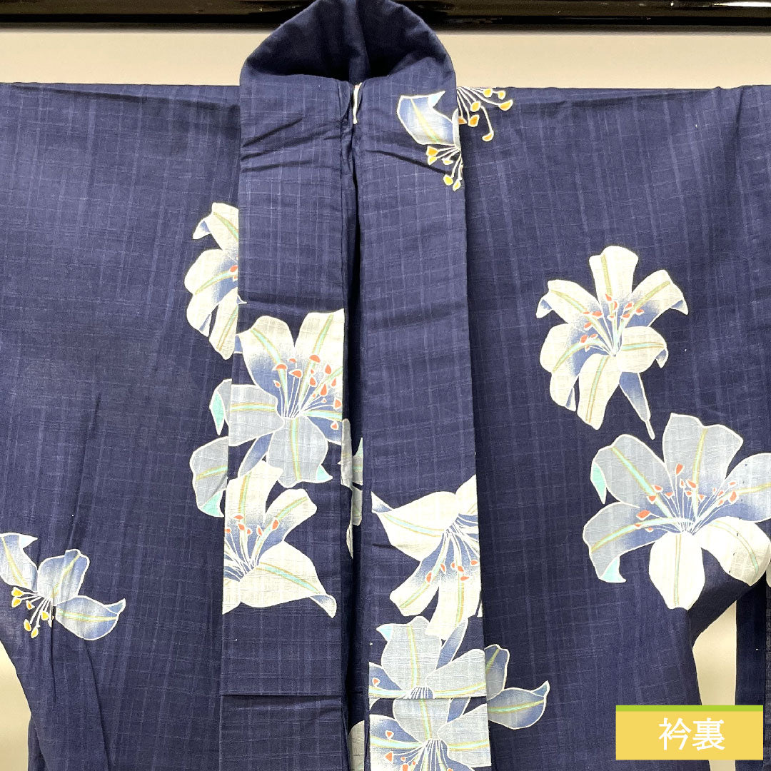 Yukata Cotton Length 166cm Sleeve length 64.5cm S rank Single layer Navy blue Smoke color Casablanca 1118005142518
