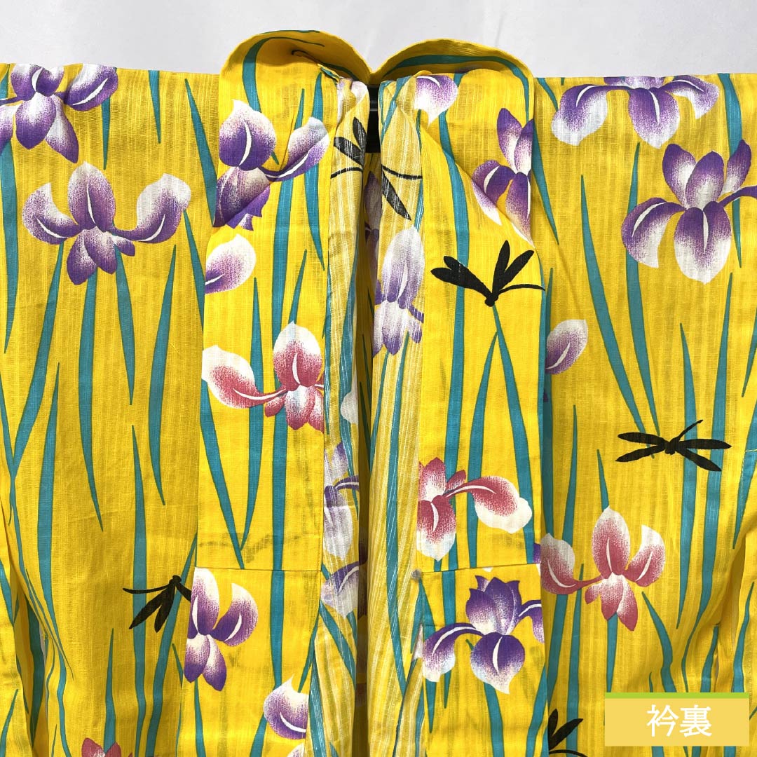 Cotton Yukata, Length 163.5cm, Sleeve Length 66cm, S Rank, Single Layer, Yellow, Kikuchinashiiro (Kikuchinashiro), Iris and Dragonfly Design, 1118006392423