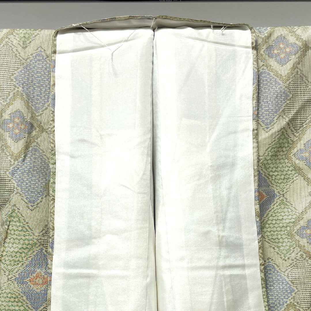 大島紬 身丈153.5cm 裄丈62.5cm 利休白茶色 経緯絣 菱 正絹 Sランク 袷 緑系 1116002662219