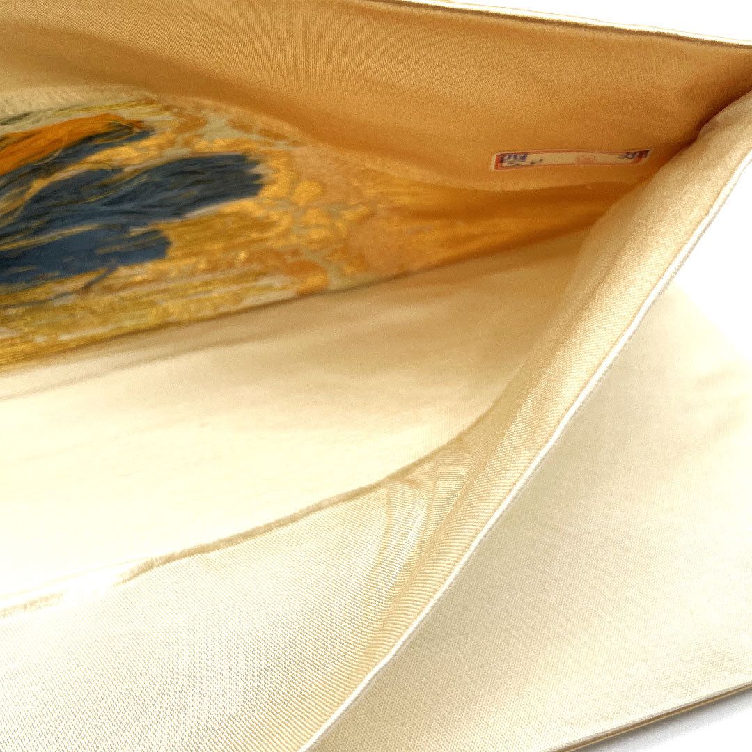 (未仕立)袋帯 向かい鶴 帯丈416cm 正絹 Aランク 六通 フォーマル 金系 1123003693321