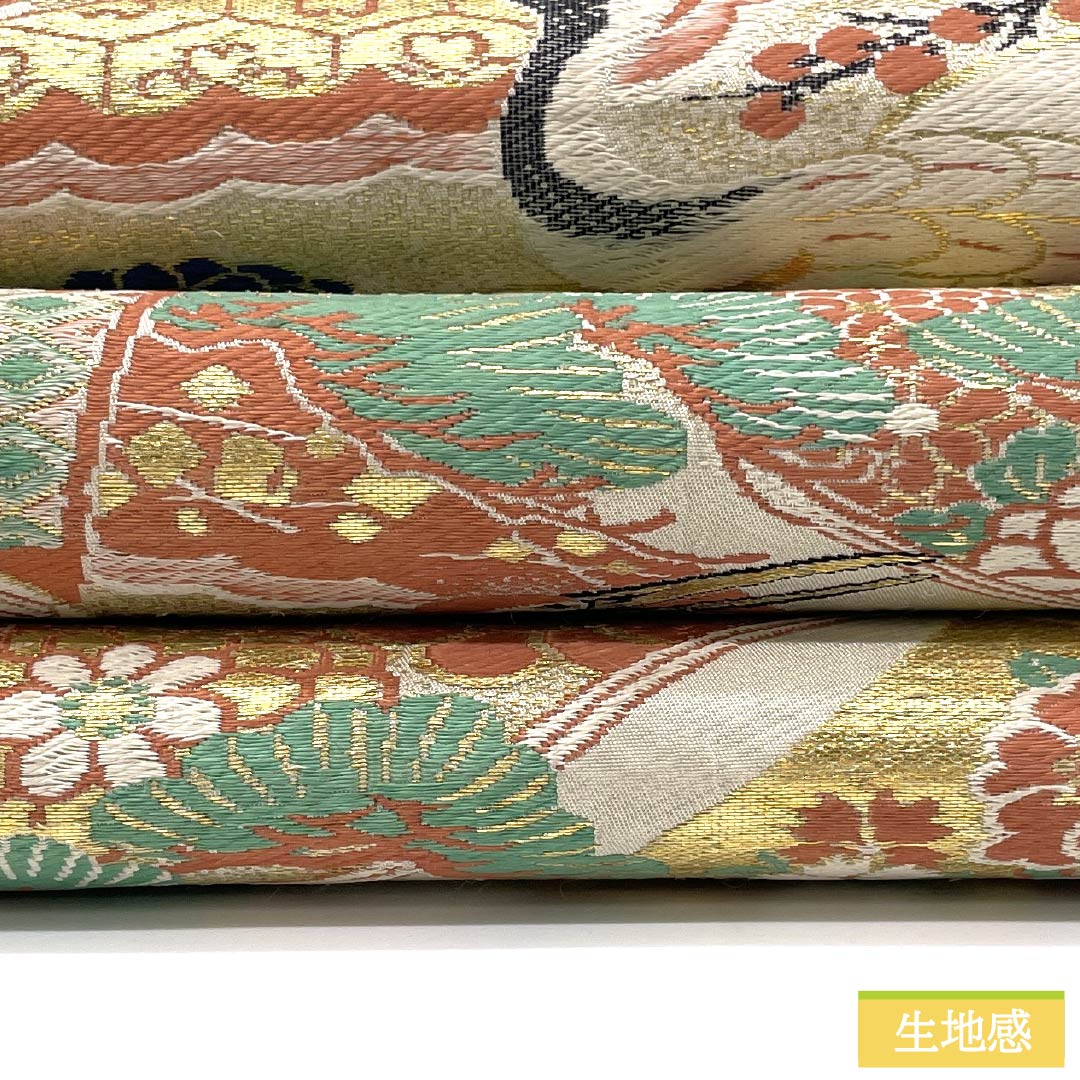 (丸帯)袋帯 正絹 Aランク 丸帯 留袖用 古典柄 鶴 菊 帯丈376cm 全通 フォーマル 金系 1123015773321