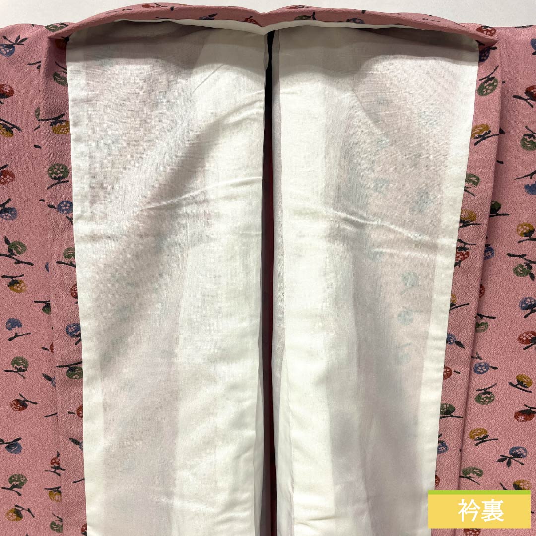 小紋 ポリエステル 身丈160cm 裄丈67cm 袷 一斤染色(いっこんぞめいろ) 型染 洗える着物 果実 しつけ糸付き Sランク ピンク系 1115005022413