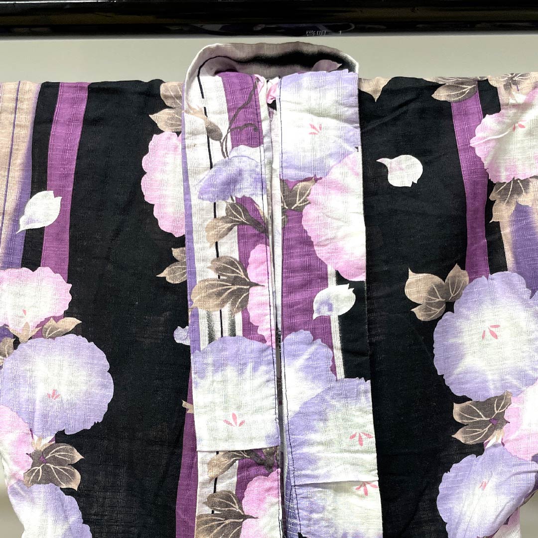 浴衣 黒色 朝顔 木綿 Sランク 単衣 身丈163.5cm 裄丈62.5cm 黒系 1118004092410