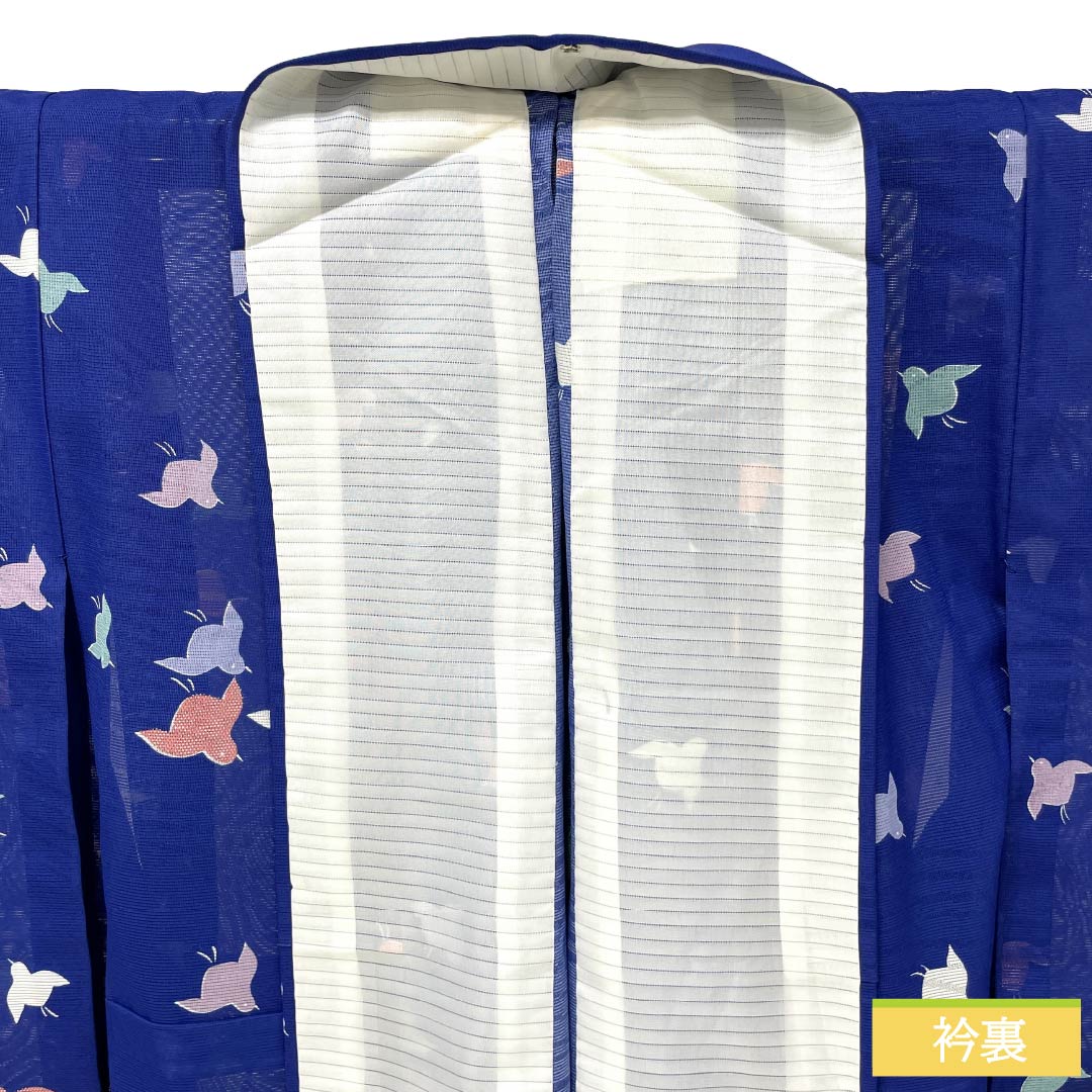 夏物 ポリエステル 小紋 Sランク 身丈160cm 裄丈64cm 桔梗色(ききょういろ) 千鳥 洗える着物 絽 紺系 1132005182418