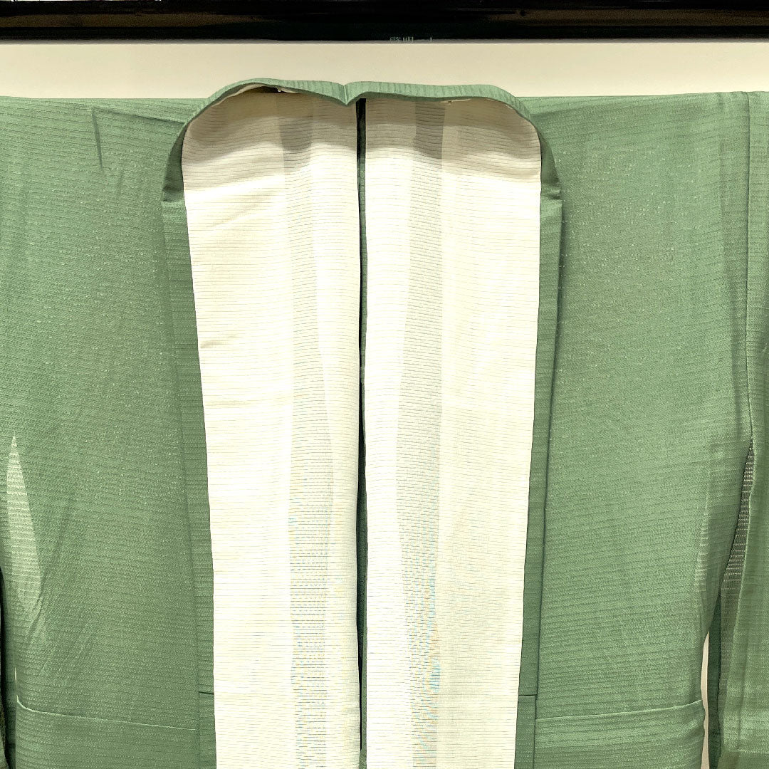 夏物 正絹 色無地 身丈162.5cm 裄丈66cm 笹色(ささいろ) 素無地 絽 Aランク 緑系 1132001073419